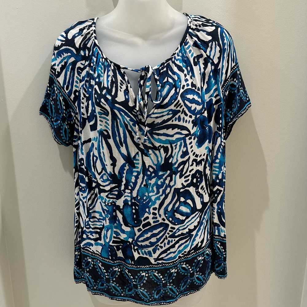 Lucky Brand Short Sleeve Boho Top Blue & White Size Medium